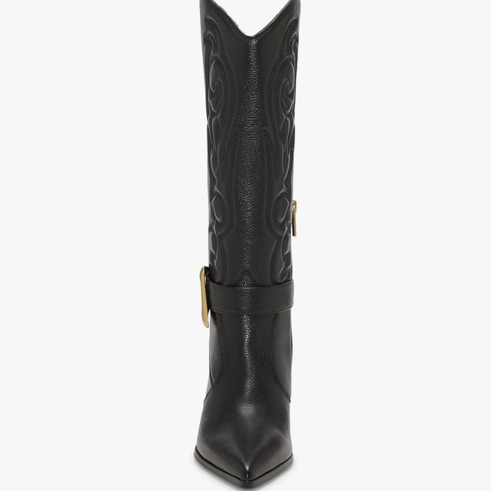 Elegant Black Heeled Boots with Gold Accent - Picture 3 of 10